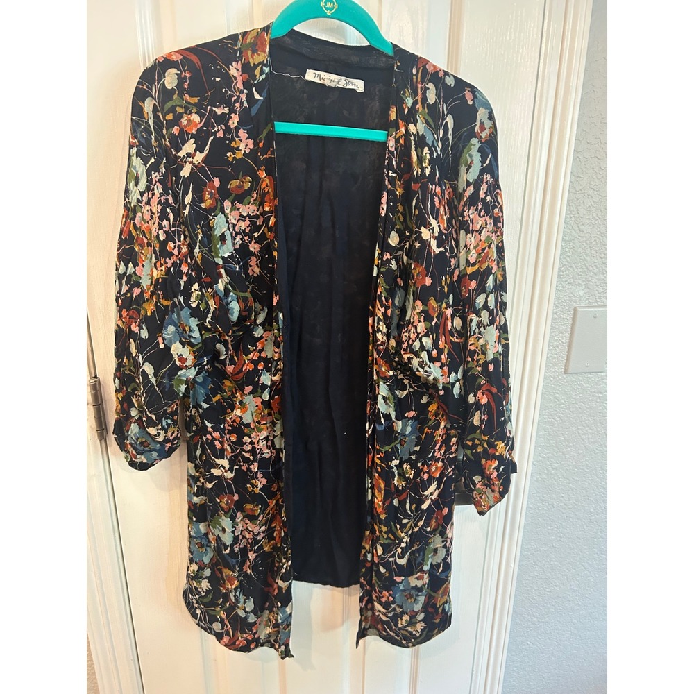 Michael Stars Kimono Cardigan Navy Blue Floral Print Open Front Boho Wrap Layer